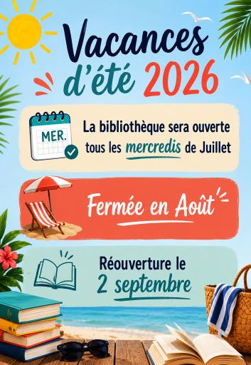 P&eacute;riode d'ouverture pour les vacances d'&eacute;t&eacute; &agrave; la biblioth&egrave;que