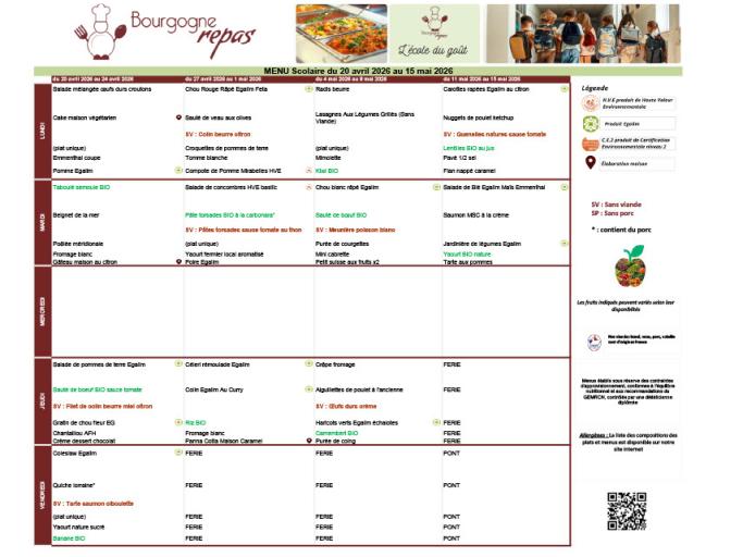 Les menus &agrave; la cantine scolaire du 23 f&eacute;vrier au 20 mars